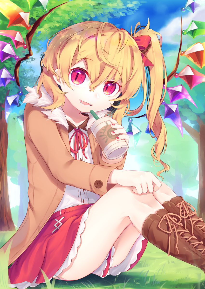 1girl :d absurdres alternate_costume boots bow brown_jacket commentary_request contemporary cross-laced_footwear dress_shirt fang flandre_scarlet frilled_skirt frills grass gunjou_row hair_bow highres jacket long_sleeves open_mouth red_eyes shirt side_ponytail sitting sitting_on_ground skirt slit_pupils smile touhou tree white_shirt wings