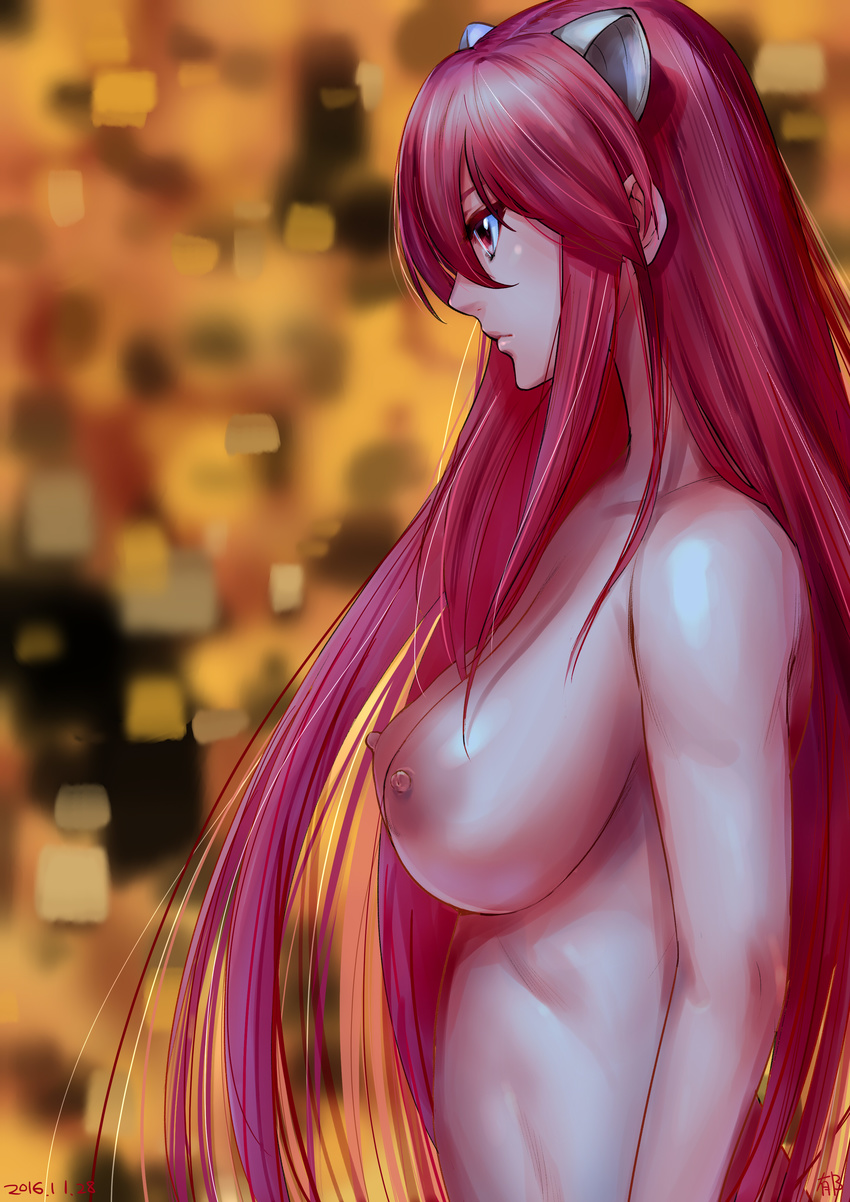 2016 abstract_background absurdres bad_id bad_pixiv_id breasts dated elfen_lied from_side highres iku_(ikuchan_kaoru) large_breasts long_hair lucy nipples nude pink_eyes pink_hair profile serious signature solo very_long_hair