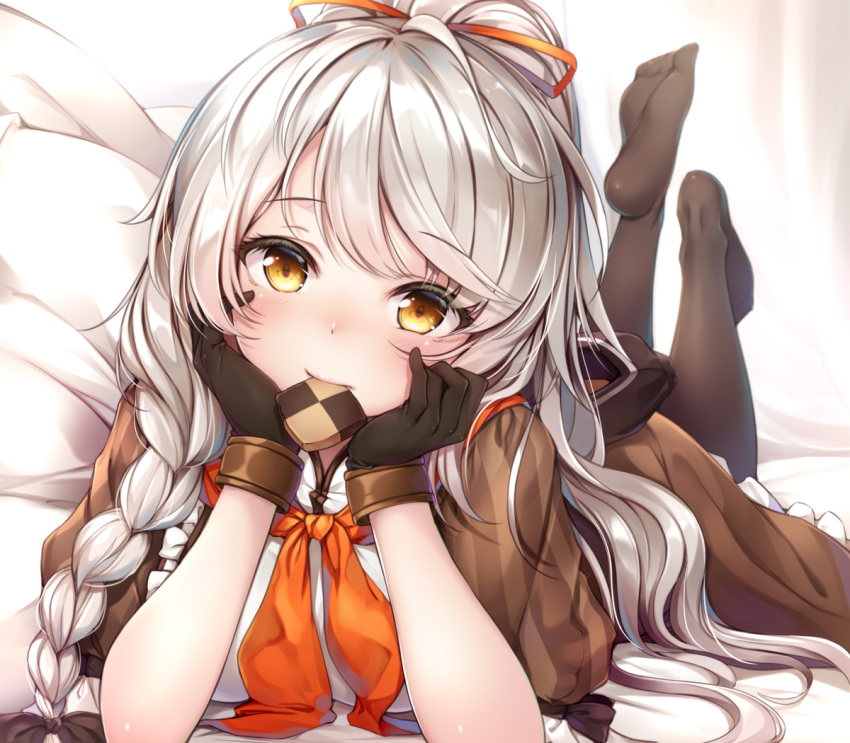 1girl bangs bed black_bow black_gloves blush bow braid brown_dress brown_eyes brown_legwear chonbo_(artist) cookie dress eyebrows_visible_through_hair eyelashes flower_knight_girl food gloves hair_between_eyes hair_bow hands_on_own_cheeks hands_on_own_face hood hood_down indoors komugi_(flower_knight_girl) lips long_hair looking_at_viewer lying mouth_hold neckerchief no_shoes on_bed on_stomach orange_neckwear orange_ribbon pantyhose pillow ponytail ribbon side_braid silver_hair swept_bangs white_bed_sheet white_pillow