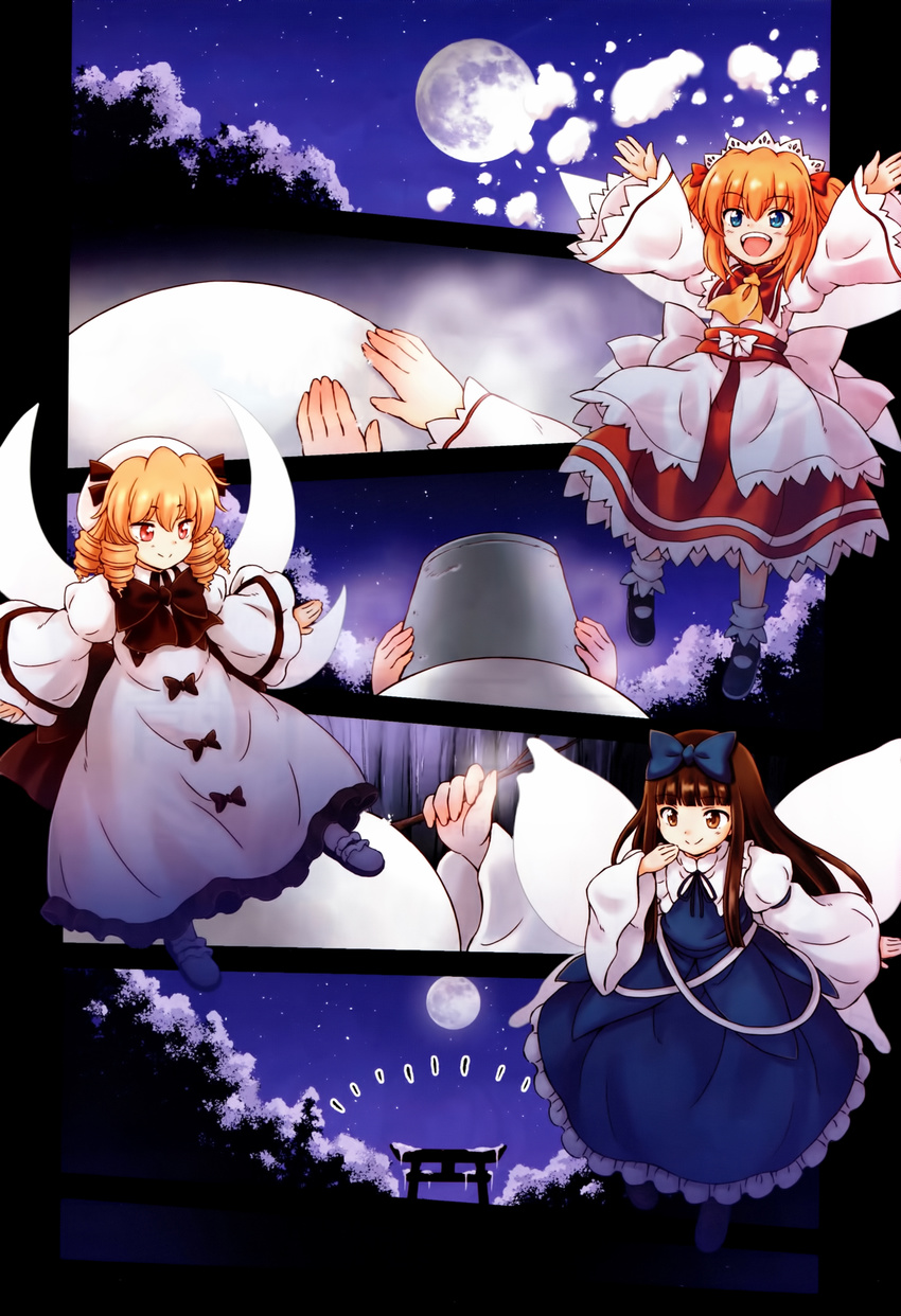 absurdres arms_up blonde_hair blue_eyes bow brown_eyes brown_hair bucket curly_hair dress fairy fairy_wings hat highres hirasaka_makoto long_hair luna_child mary_janes moon multiple_girls night night_sky official_art open_mouth outdoors red_eyes ribbon shoes short_hair sky smile snow snowman socks star_(sky) star_sapphire sunny_milk torii touhou touhou_sangetsusei tree twintails two_side_up wings