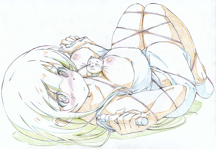 absurdres animal_between_breasts anitore!_ex bangs bare_shoulders blunt_bangs blush bound breasts cleavage color_trace highres jump_rope kitazinger large_breasts long_hair lying on_back saotome_shizuno shorts solo tank_top