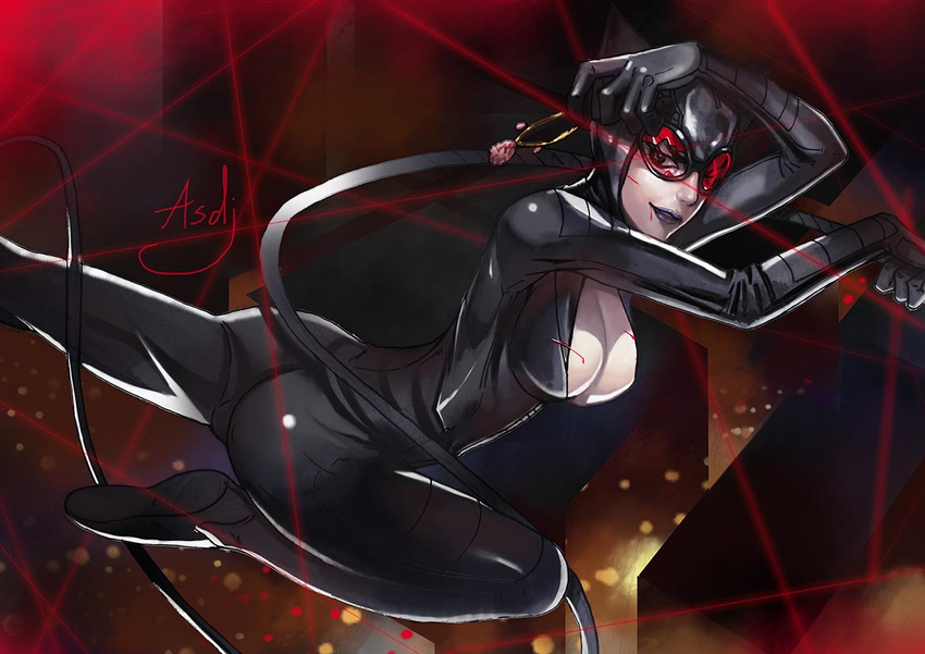 animal_ears artist_name asdj ass bad_id bad_pixiv_id batman_(series) bodysuit breasts cat_ears catwoman cleavage dc_comics fake_animal_ears goggles large_breasts lipstick makeup purple_lipstick selina_kyle solo whip