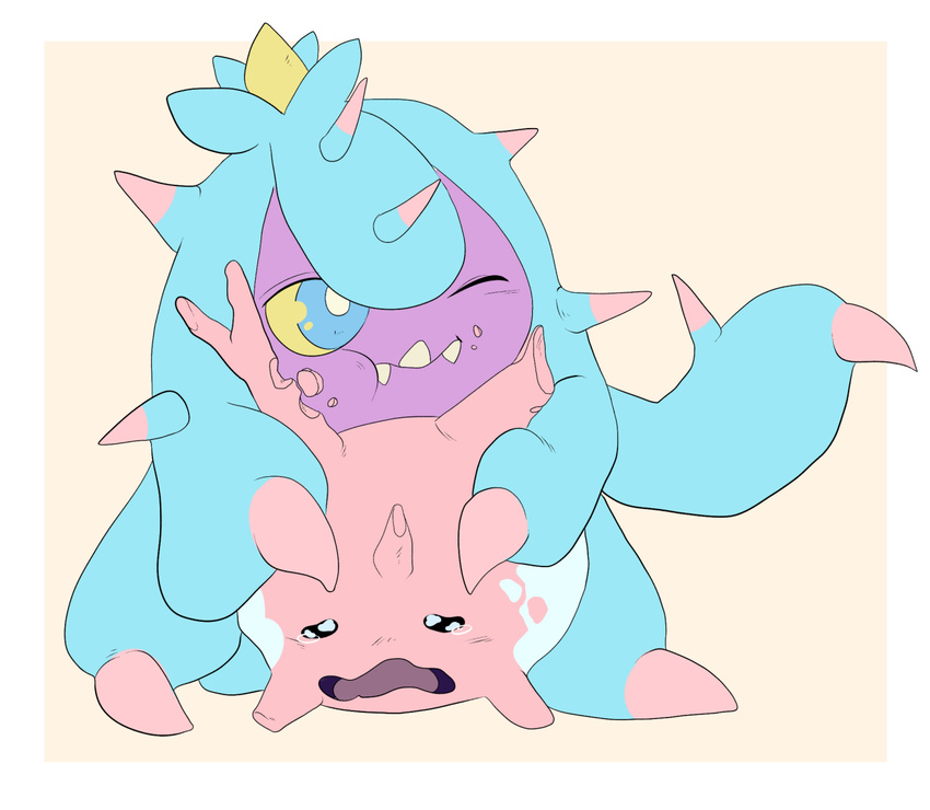 blue_eyes corsola crying eating mareanie nintendo no_humans open_mouth pokemon pokemon_(creature) pokemon_(game) pokemon_sm tears teeth yellow_sclera