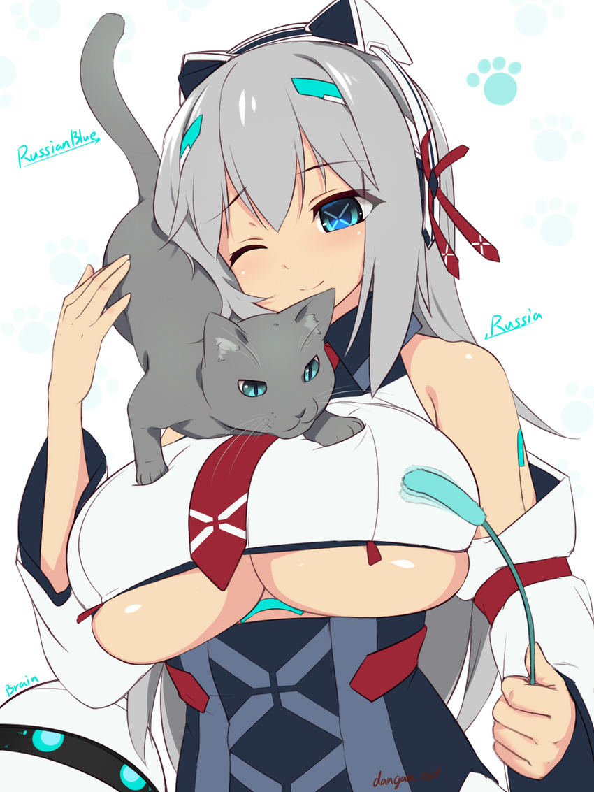 android animal artist_name bangs blue_eyes blue_shirt blush breasts cat cat_on_person cat_paws cat_teaser cattail character_name cleavage collared_shirt commentary dangan_neko detached_sleeves eyebrows eyebrows_visible_through_hair grey_hair hair_between_eyes hand_up headgear highres large_breasts long_hair necktie one_eye_closed original paw_print paws plant red_neckwear red_ribbon ribbon russia_(dangan_neko) shirt simple_background smile solo symbol-shaped_pupils underboob upper_body white_background