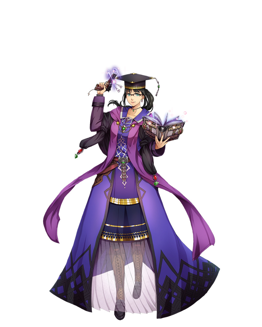 aqua_eyes black-framed_eyewear black_hair book boots earrings floating_hair full_body glasses gun hat highres holding holding_book holding_gun holding_weapon jewelry long_hair long_sleeves looking_at_viewer mortarboard official_art ponytail royal_flash_heroes solo transparent_background ursula_(royal_flush_heroes) weapon
