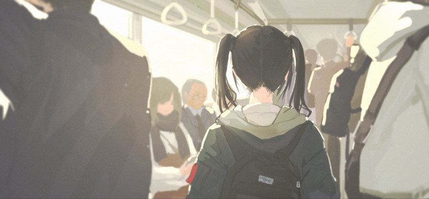 1girl backpack bag black_hair black_suit commentary enden from_behind glasses highres holding jacket long_hair original scarf sitting standing train_interior twintails