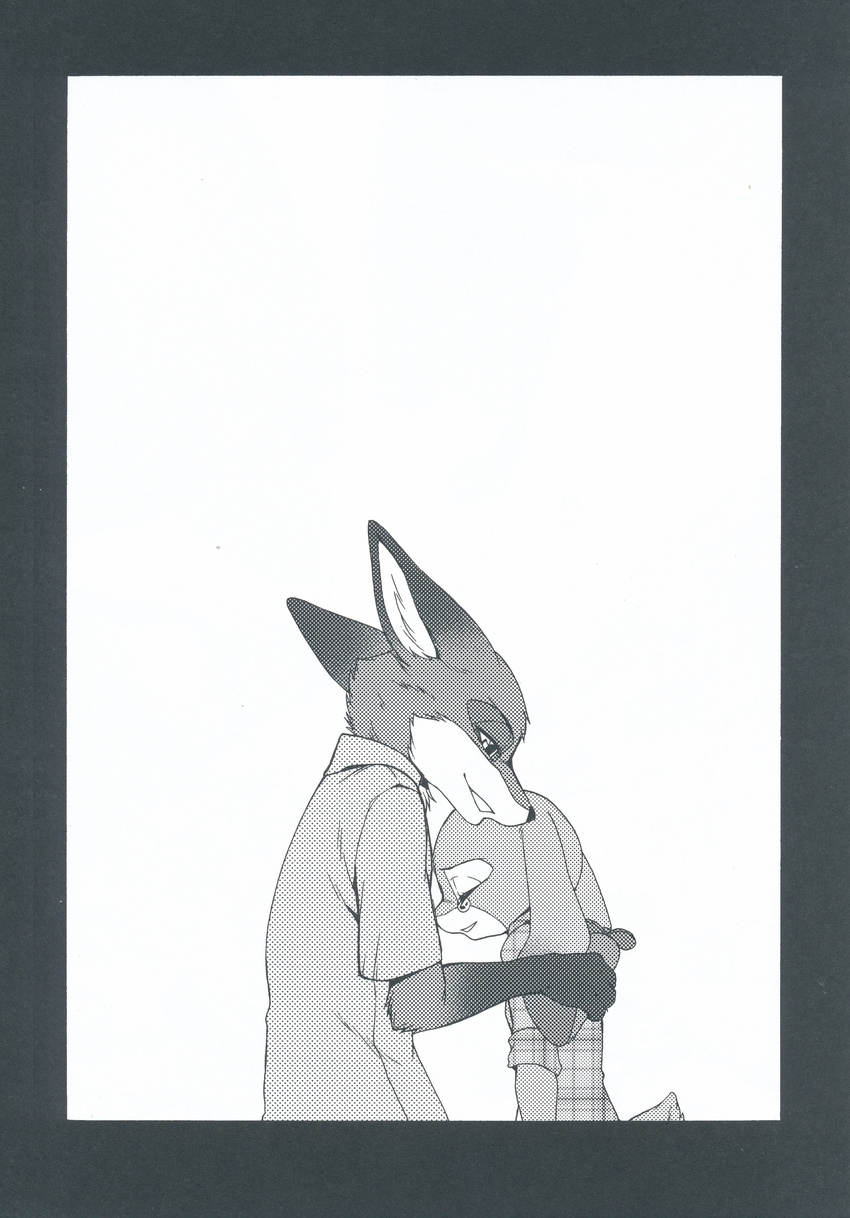 2016 anthro black_and_white canine clothed clothing comic dialogue disney duo fox hi_res inumimi_moeta male mammal manga monochrome nick_wilde zootopia