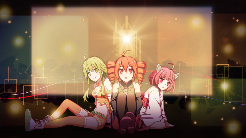 3girls ahoge animal_ears azaka_(pipponao) bare_shoulders cat_ears crop_top drill_hair green_eyes green_hair gumi holding_legs japanese_clothes kasane_teto kimono knee_up knees_to_chest light looking_up medium_hair multiple_girls nekomura_iroha pink_eyes pink_hair projector red_eyes red_hair sidelocks sitting smile thighhighs utau vocaloid