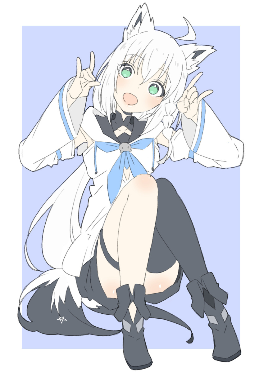 1girl absurdres ahoge animal_ears bangs black_footwear black_legwear black_shorts blush braid detached_sleeves donguri_suzume fox_ears fox_girl fox_shadow_puppet fox_tail full_body green_eyes hair_between_eyes highres hololive looking_at_viewer open_mouth sailor_collar shirakami_fubuki shoes shorts side_braid single_thighhigh smile solo star tail thighhighs thighs virtual_youtuber white_hair