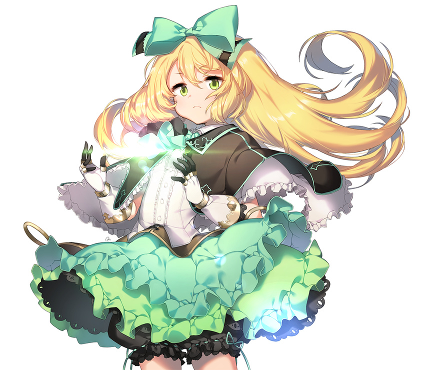 anpolly atelier_(series) atelier_shallie black_bloomers blonde_hair bloomers bow closed_mouth cowboy_shot curly_hair frills frown gloves green_bow green_eyes green_skirt hair_bow long_hair miruca_crotze shawl simple_background skirt solo underwear white_background