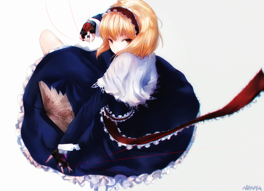 &gt;:( alice_margatroid bad_id bad_pixiv_id black_gloves blonde_hair blue_dress book brown_eyes capelet closed_mouth commentary_request dress dyolf fingerless_gloves from_side frown full_body gloves hairband lolita_hairband long_sleeves looking_at_viewer looking_to_the_side open_book petticoat puppet_rings puppet_strings sash short_hair solo touhou v-shaped_eyebrows