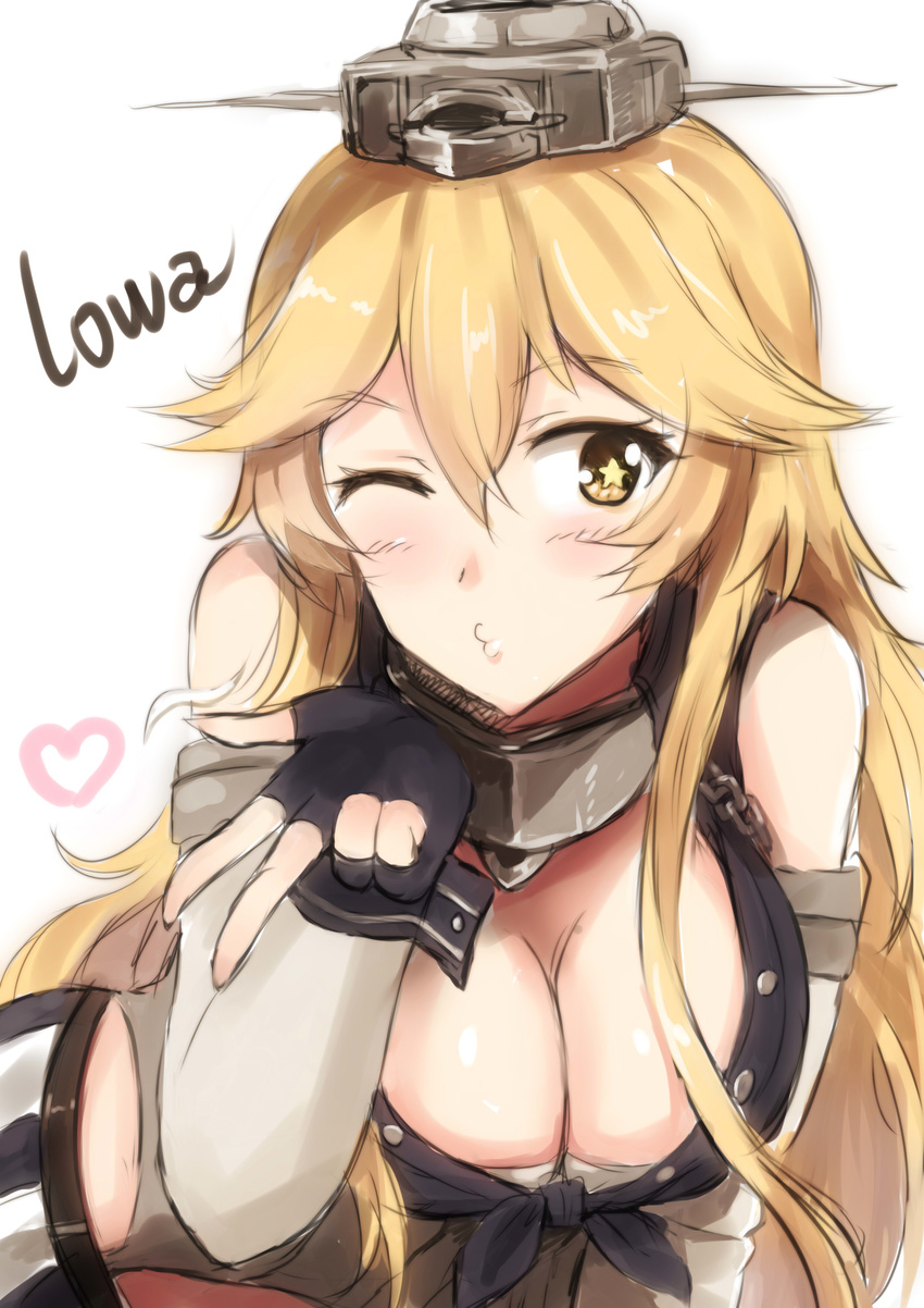absurdres blonde_hair blown_kiss breasts cleavage elbow_gloves fingerless_gloves front-tie_top gloves headgear highres iowa_(kantai_collection) kantai_collection large_breasts long_hair looking_at_viewer o3o one_eye_closed solo star star-shaped_pupils symbol-shaped_pupils yellow_eyes yinzhai