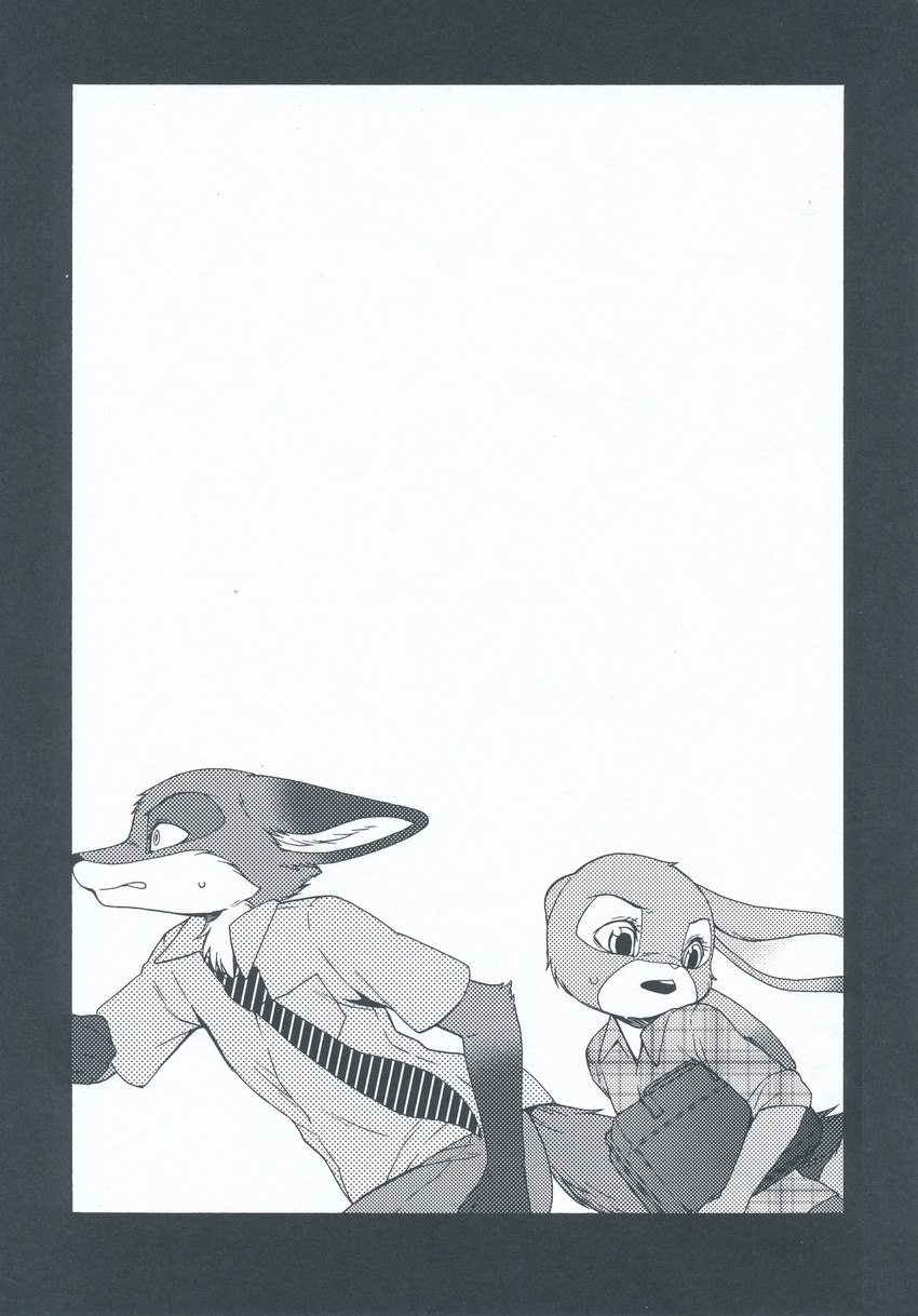 2016 anthro black_and_white canine clothed clothing comic dialogue disney duo fox hi_res inumimi_moeta male mammal manga monochrome nick_wilde zootopia