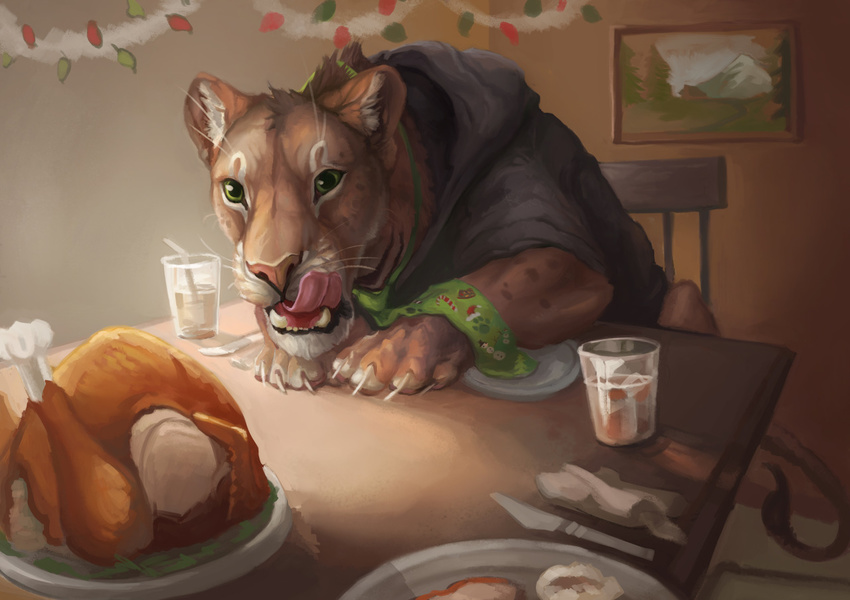 avian bird cave_lion christmas christmas_lights clothed_feral clothing feline female feral firefeathers food holidays hoodie licking licking_lips lion mammal necktie quadruped sharp_teeth solo teeth tongue tongue_out tsavo turkey whiskers