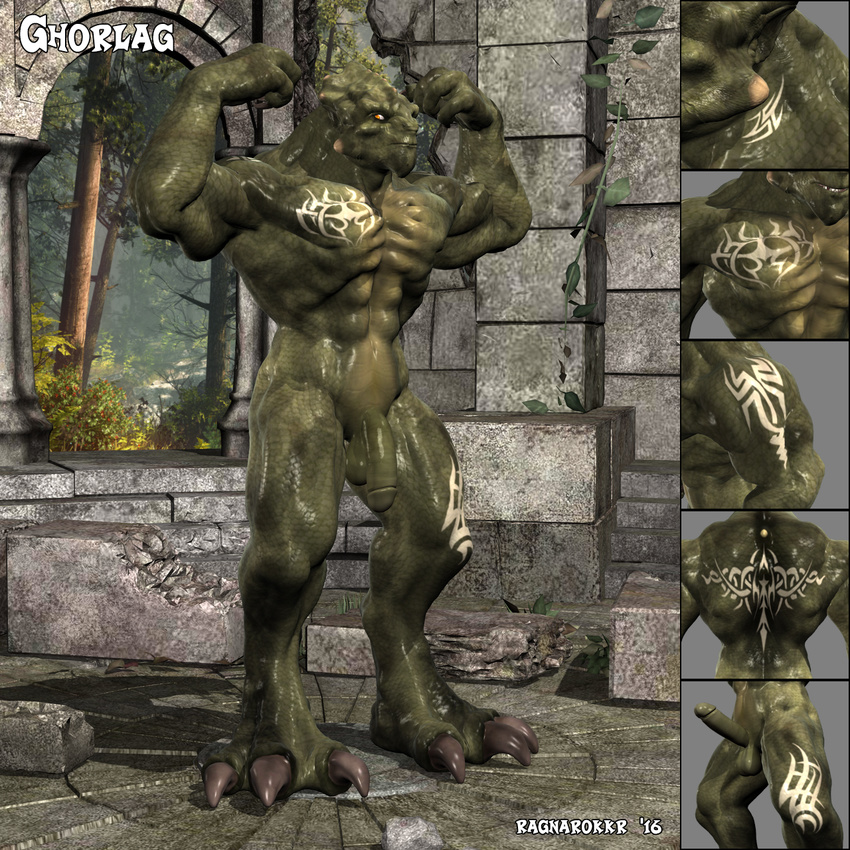 2016 3d_(artwork) anthro balls biceps big_muscles brute_dragon claws daz3d digital_media_(artwork) dragon erection flaccid flexing ghorlag looking_at_viewer monster muscular penis pose ragnarokkr scalie solo tattoo