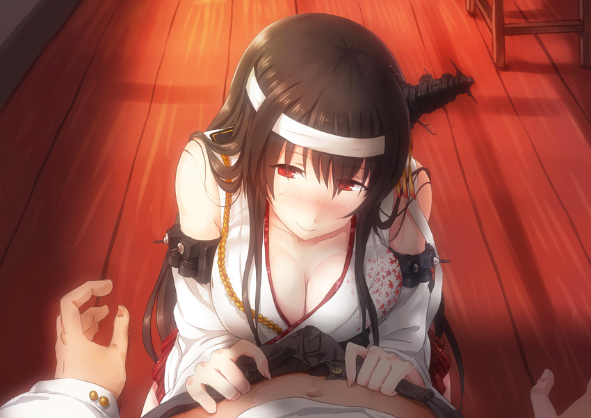 1girl absurdres admiral_(kantai_collection) assisted_exposure black_hair black_pants blush breasts buttons check_commentary cleavage closed_mouth commentary commentary_request detached_sleeves erection erection_under_clothes evening fingernails from_above full-face_blush fusou_(kantai_collection) hairband headband highres indoors japanese_clothes kantai_collection kimono large_breasts leaf_print long_hair long_sleeves looking_at_viewer navel open_fly out_of_frame pants pov red_eyes red_skirt remodel_(kantai_collection) skirt sleeveless sleeveless_kimono smile solo_focus stomach sunlight unbuttoned unzipped wooden_floor yinzhai