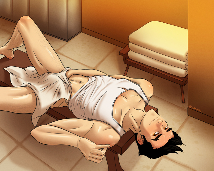 1boy avatar:_the_last_airbender bludwing blush body_hair bulge locker_room lying mako_(avatar) male_focus naughty_face smile solo sweat the_legend_of_korra towel undressing