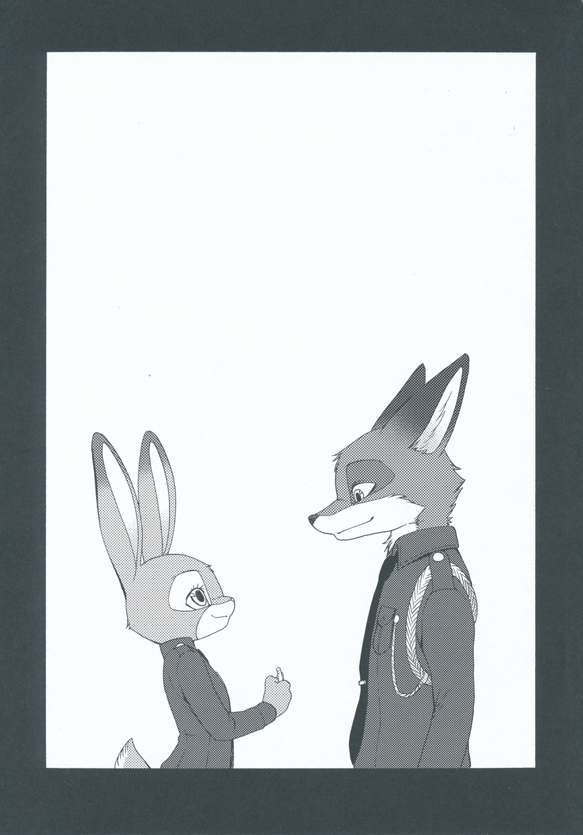 2016 anthro black_and_white canine clothed clothing comic disney duo eye_contact female fox hi_res inumimi_moeta judy_hopps lagomorph male mammal manga monochrome nick_wilde police_uniform rabbit side_view uniform zootopia