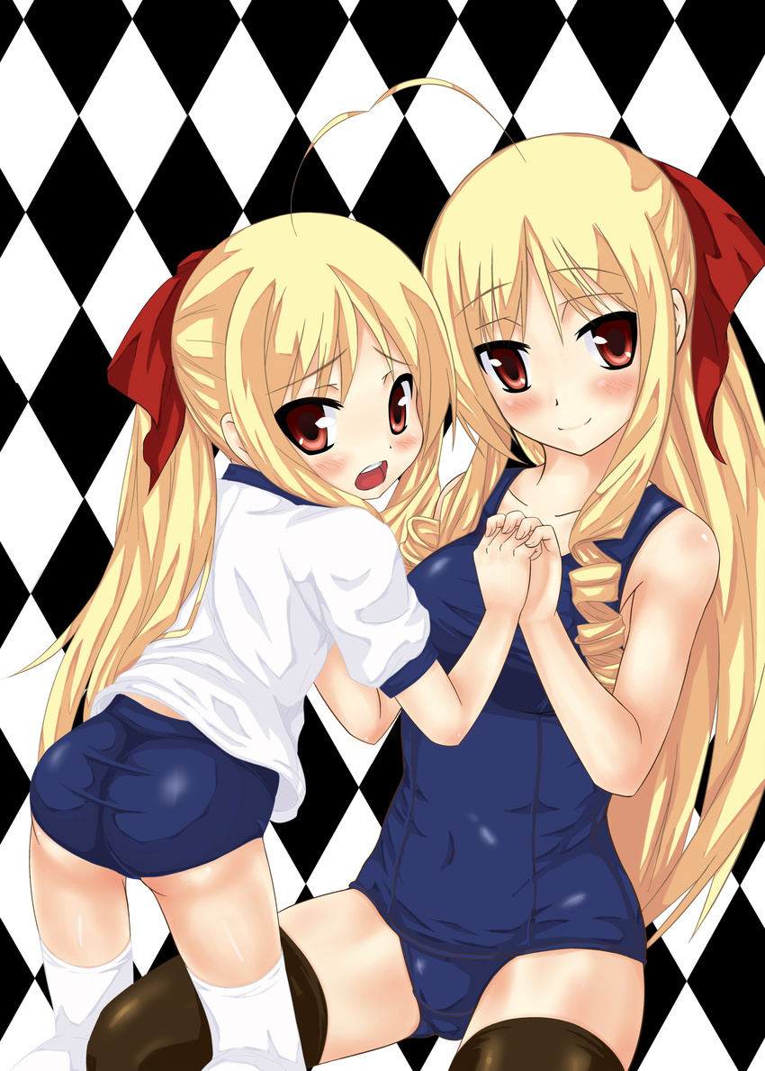 absurdres ahoge ass black_legwear blonde_hair blush buruma child dual_persona hayate_no_gotoku! highres long_hair multiple_girls nekotama_(tsuki) one-piece_swimsuit open_mouth ponytail red_eyes school_swimsuit smile swimsuit tennousu_athena thighhighs time_paradox white_legwear