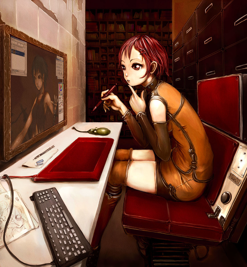 bike_shorts book bookshelf boots detached_sleeves drawing_tablet eraser finger_to_mouth frame hair_ornament hairclip highres keyboard_(computer) knee_boots mechanical_pencil mouse_(computer) naoki_(naoieo) oekaki_musume original pencil red_eyes red_hair short_hair sitting skirt solo thighhighs thinking tiles