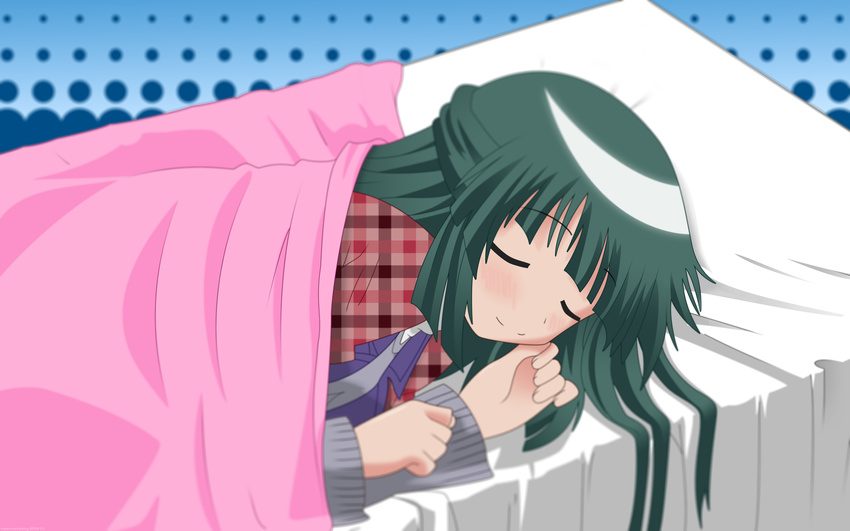 bed green_hair hidamari_sketch highres long_hair sleep sleeping supersonicdarky yoshinoya yoshinoya-sensei
