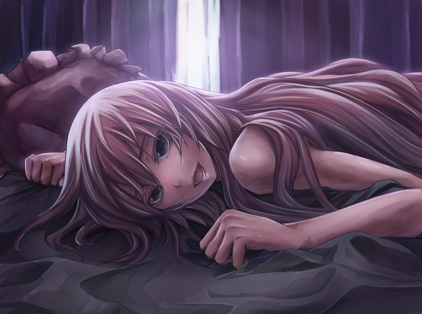 aqua_eyes arkas long_hair lying megurine_luka on_stomach open_mouth pillow pink_hair smile solo vocaloid