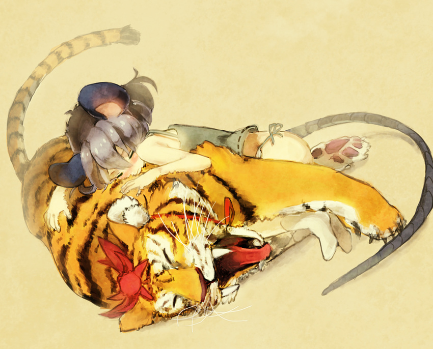 animal_ears animalization camisole grey_hair hands hug lying mouse_ears mouse_tail nazrin no_pants on_side panties shippo_(skink) short_hair side-tie_panties sleeping socks solo tail tiger toramaru_shou toramaru_shou_(tiger) touhou underwear yawning