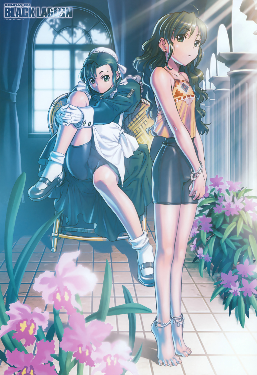 absurdres anklet barefoot bike_shorts black_lagoon bracelet cameltoe casual column dual_persona fabiola_iglesias feet hands_clasped highres hiroe_rei jewelry leg_hug leg_up long_hair maid mary_janes multiple_girls official_art own_hands_together pillar shoes socks tiptoes