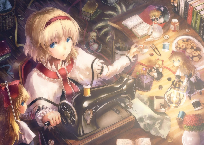 &gt;_&lt; alice_margatroid basket blonde_hair blue_eyes book bow checkerboard_cookie closed_eyes cookie cup flower food hair_bow hyuuga_azuri jam_cookie needle pincushion plant potted_plant pouring sewing_machine shanghai_doll short_hair solo spool string teapot touhou vase