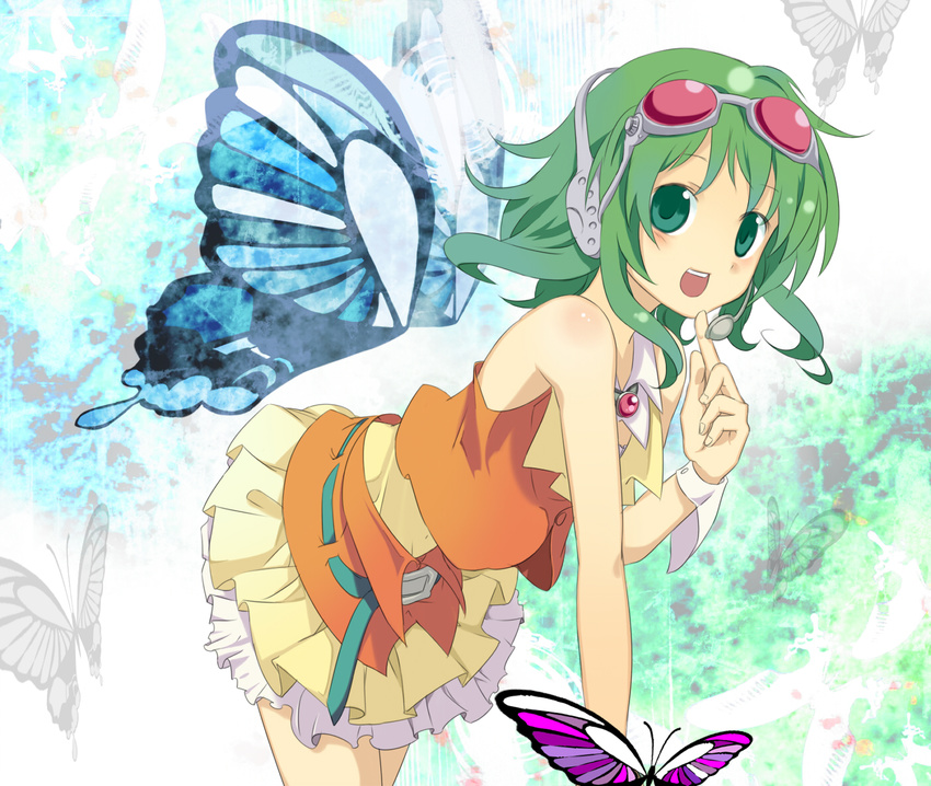 belt blue_wings butterfly_wings goggles goggles_on_head green_eyes green_hair gumi headset potchi short_hair skirt smile solo vocaloid wings