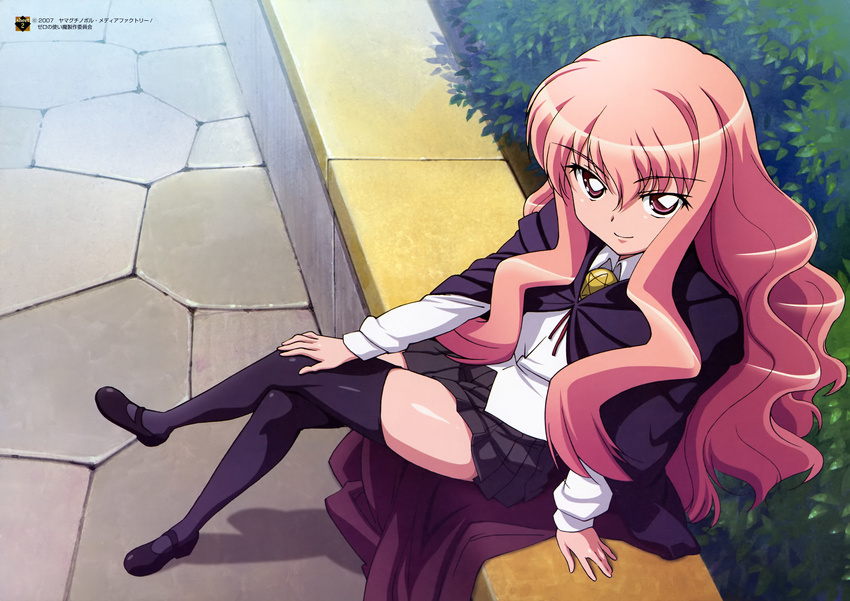 1girl absurdres artist_request blouse brooch cape female flat_chest from_above highres jewelry legs_crossed loafers long_hair louise_francoise_le_blanc_de_la_valliere official_art pink_eyes pink_hair scan shoes sitting skirt smile solo thigh_highs thighhighs uniform usatsuka_eiji zero_no_tsukaima