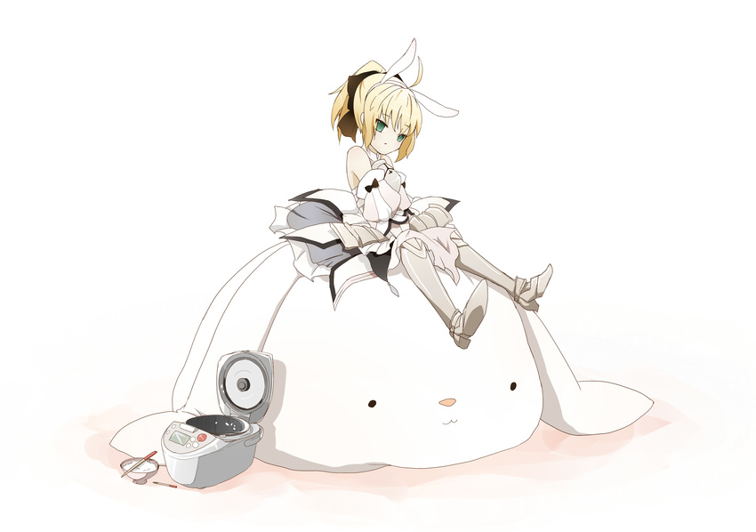 animal_ears armor armored_dress artoria_pendragon_(all) blonde_hair bunny bunny_ears byurin dress fate/stay_night fate/unlimited_codes fate_(series) green_eyes hair_ribbon highres ponytail ribbon rice rice_cooker saber saber_lily sitting solo
