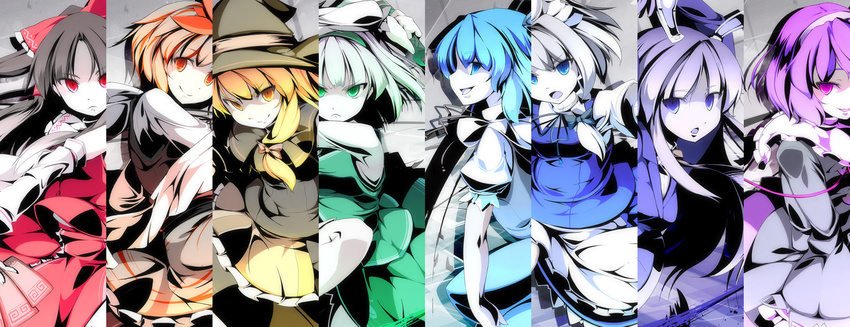 animal_ears asakura_masatoki blonde_hair blue_eyes blue_hair bow brown_hair bunny_ears cirno column_lineup detached_sleeves dress gradient gradient_hair green_eyes hair_bow hairband hakurei_reimu hat highres izayoi_sakuya kirisame_marisa komeiji_satori konpaku_youmu maid multicolored_hair multiple_girls multiple_monochrome ofuda orange_eyes orange_hair purple_eyes purple_hair rainbow_order red_eyes reisen_udongein_inaba serious short_hair silver_hair smile smirk toramaru_shou touhou tsurime witch_hat yellow_eyes