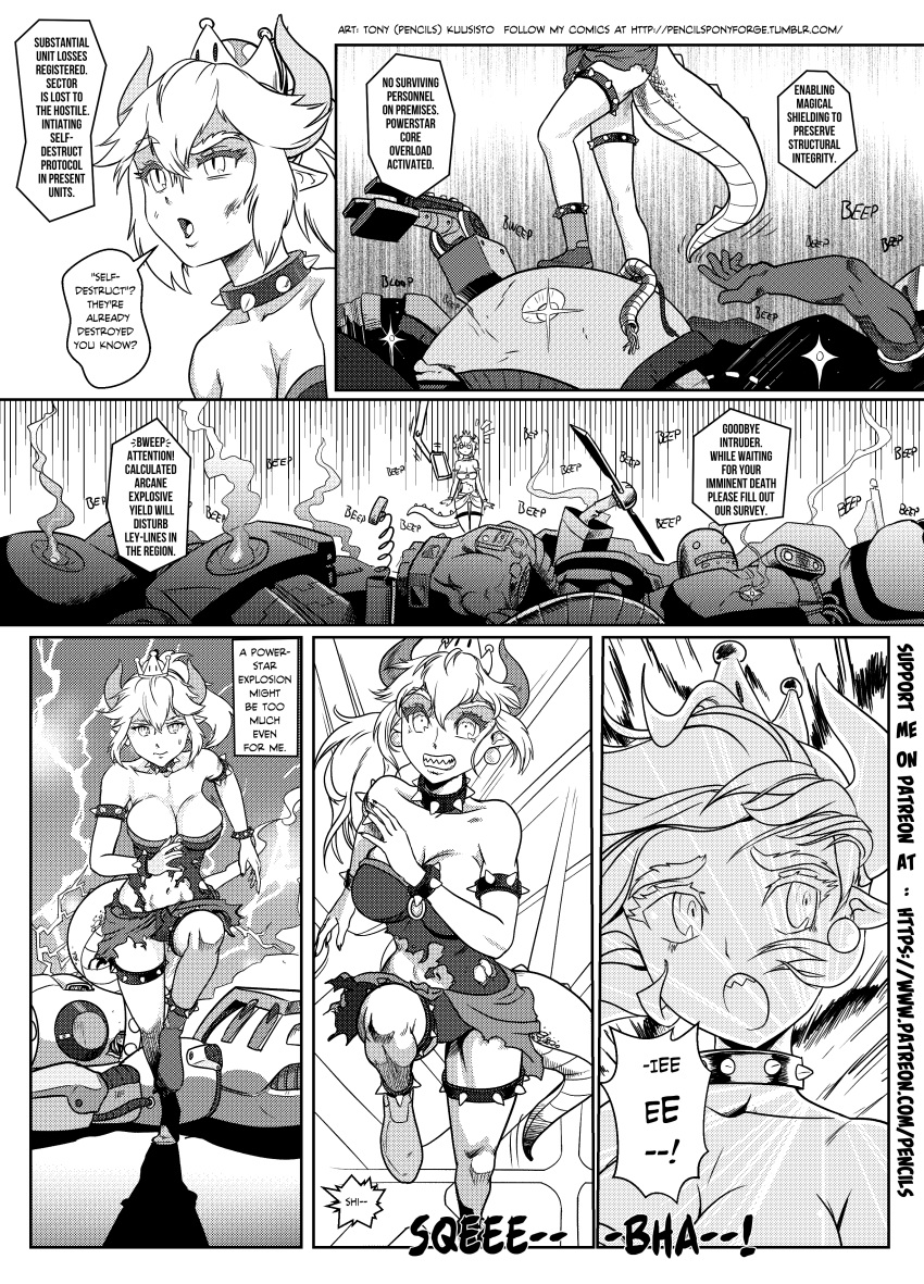 alternate_species big_breasts bowser bowsette_meme breasts cleavage clothed clothing collar comic crossgender dialogue female humanoid koopa machine mario_bros nintendo pencils_(artist) robot scalie spiked_collar spikes super_crown torn_clothing video_games
