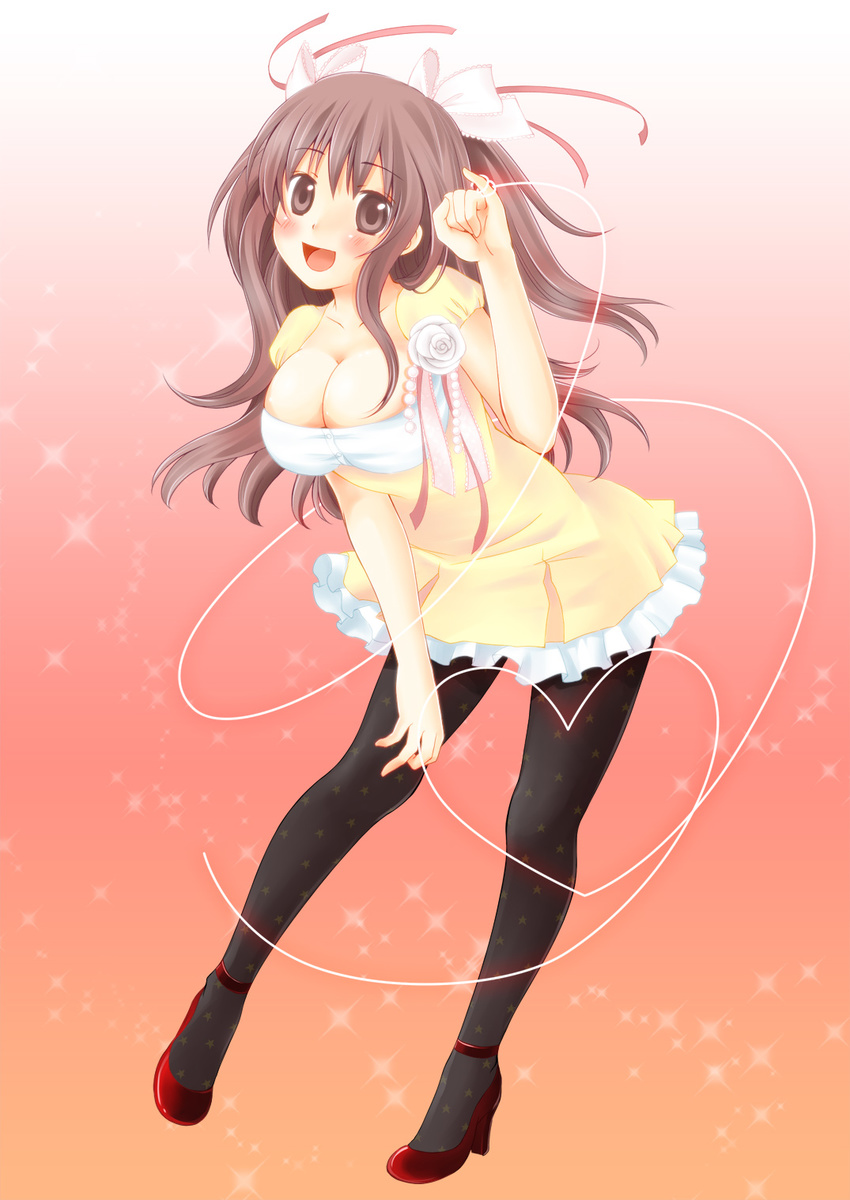 ahira_yuzu bad_id bad_pixiv_id breasts brown_eyes brown_hair cleavage dress flower hair_ribbon heart high_heels highres large_breasts legs long_hair original pantyhose print_legwear red_footwear ribbon rose shoes smile solo sparkle star star_print