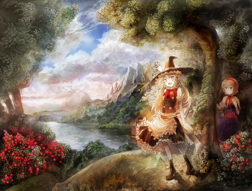 alice_margatroid blonde_hair cloud day forest highres kirisame_marisa landscape mountain multiple_girls nature river scenery sky touhou ultimate_asuka