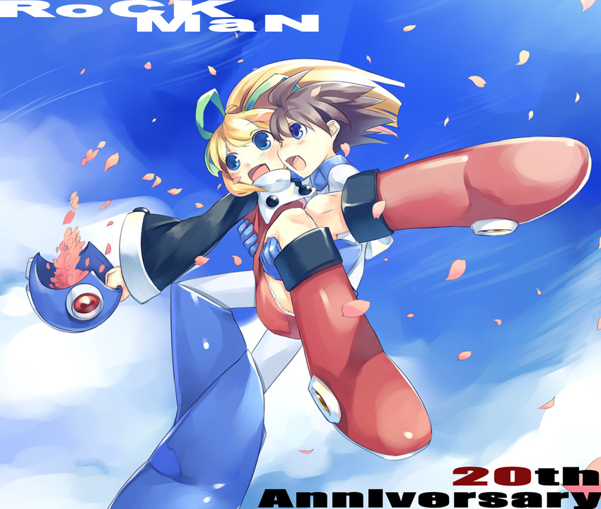 1girl android blonde_hair blue_eyes boots brown_hair carrying day flying headwear_removed helmet helmet_removed knee_boots mikage_sekizai petals princess_carry red_skirt rockman rockman_(character) rockman_(classic) roll skirt sky