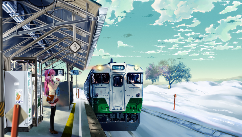 blue_eyes blurry breath can cloud cold day depth_of_field drink ground_vehicle headset highres long_hair megurine_luka miniskirt pink_hair rail_(silverbow) school_uniform skirt sky snow solo tactile_paving train train_station vending_machine very_long_hair vocaloid waiting