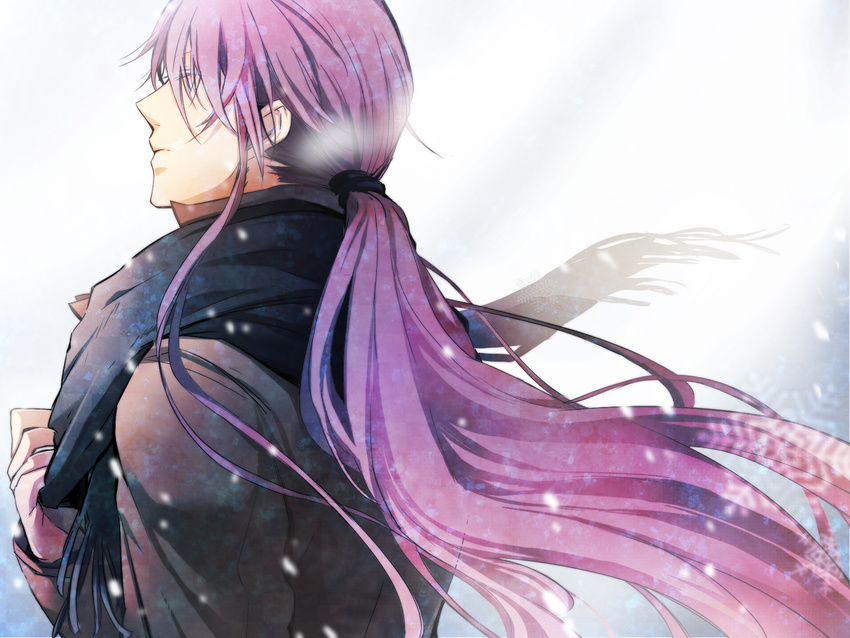 androgynous black_scarf closed_eyes closed_mouth eyelashes from_side genmai kamui_gakupo long_hair long_ponytail male_focus outdoors ponytail profile purple_hair scarf snow snowing solo upper_body very_long_hair vocaloid wind wind_lift winter winter_clothes