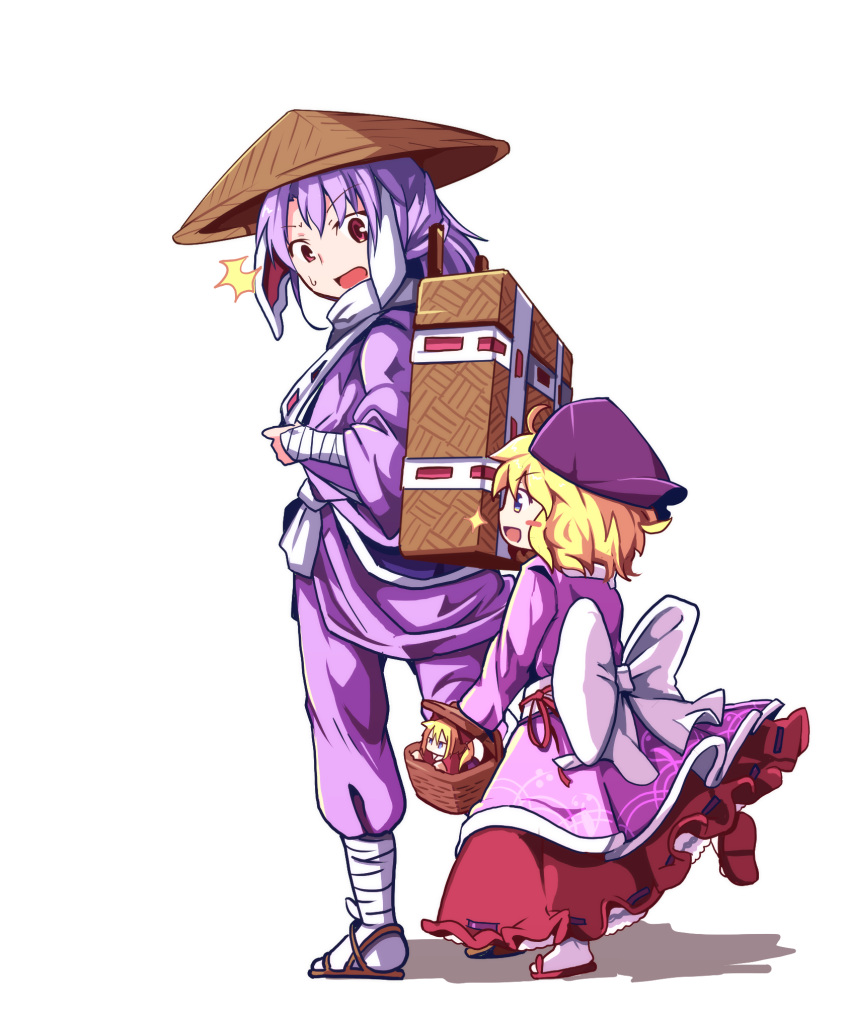 2girls ajirogasa alternate_costume back_bow basket blonde_hair blue_eyes bow doll dress_bow forbidden_scrollery frills hat head_scarf highres japanese_clothes kanisawa_yuuki kimono leg_up long_hair medicine_melancholy multiple_girls official_alternate_costume pants purple_kimono purple_pants red_skirt reisen_udongein_inaba sandals short_hair skirt sparkle su-san suitcase touhou wavy_hair