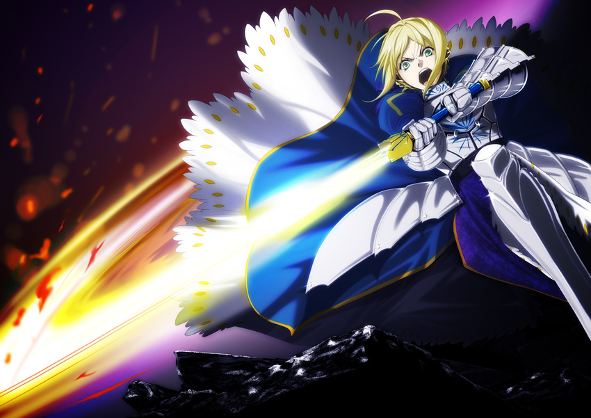 absurdres ahoge armor armored_dress artoria_pendragon_(all) blonde_hair blood dress excalibur fate/stay_night fate_(series) faulds gauntlets glowing glowing_sword glowing_weapon green_eyes hair_ribbon highres light open_mouth ribbon saber solo sword u+ weapon wind