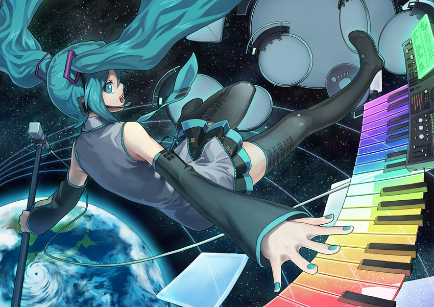 aqua_eyes aqua_hair aqua_nails detached_sleeves earth gradient hatsune_miku instrument keyboard_(instrument) long_hair microphone microphone_stand nail_polish necktie outstretched_arm ryuutetsu skirt solo space synthesizer thighhighs twintails typhoon vocaloid zettai_ryouiki