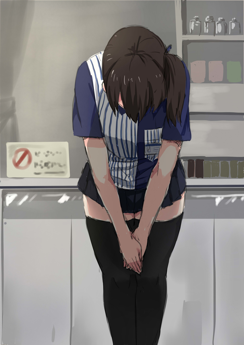 absurdres alternate_costume black_legwear bowing brown_hair check_commentary commentary commentary_request employee_uniform hands_together highres indoors kaga_(kantai_collection) kantai_collection lawson name_tag ponytail side_ponytail sketch skirt solo thighhighs uniform yinzhai zettai_ryouiki
