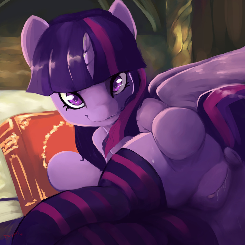 2016 anus book butt clothed clothing equine female feral friendship_is_magic hair hi_res horn inside legwear looking_at_viewer lying mammal my_little_pony nsfwdozer pussy smile solo striped_legwear stripes sweat twilight_sparkle_(mlp) winged_unicorn wings