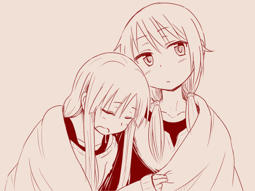 :/ blush brown closed_mouth collarbone eyebrows eyebrows_visible_through_hair hair_between_eyes head_tilt hinata_yukari hirame_guard ichii_yui long_hair looking_away low_twintails monochrome multiple_girls open_mouth shared_blanket sleeping sleeves_past_wrists sweater twintails yuyushiki