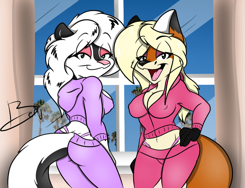 2016 benji-fox blonde_hair breasts brittany_skunkette butt canine clothing curtains detailed_background female fox foxie_vixxxen hair hand_on_hip looking_at_viewer looking_back mammal pose side_boob skunk thong white_hair window