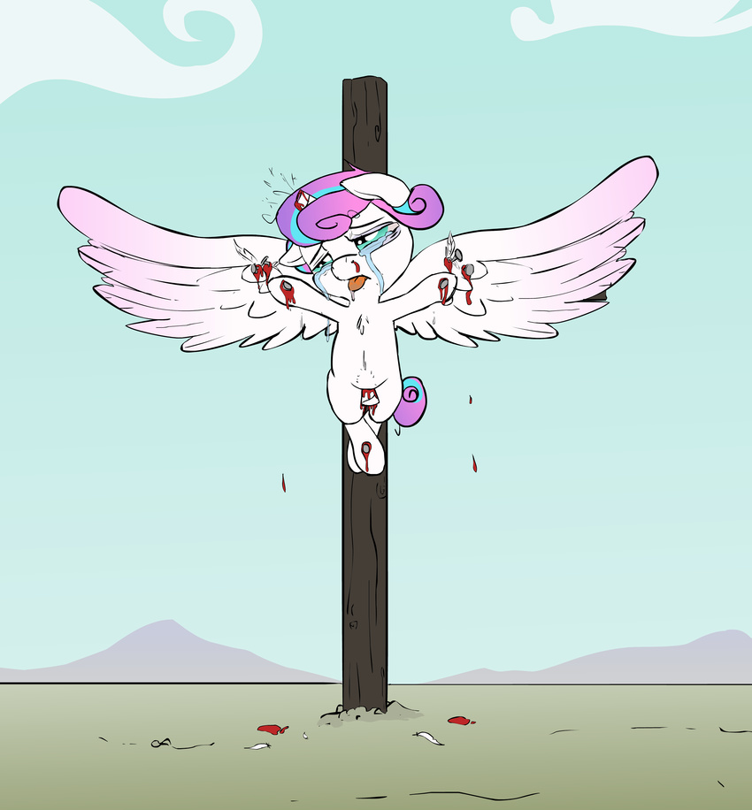 2016 blood cloud coinpo crucifixion crying equine feathered_wings feathers female feral flurry_heart_(mlp) friendship_is_magic fur hair hi_res horn mammal multicolored_hair my_little_pony nail outside sky solo spread_wings tears tongue tongue_out torture white_fur winged_unicorn wings young