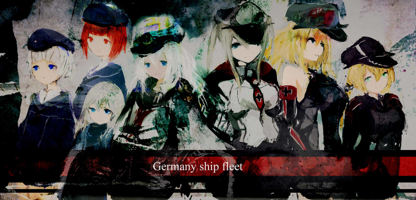 assi bismarck_(kantai_collection) blonde_hair blue_eyes commentary english faux_traditional_media graf_zeppelin_(kantai_collection) green_eyes group_picture hat hibiki_(kantai_collection) highres iron_cross kantai_collection long_hair multiple_girls odd_one_out orange_hair peaked_cap ponytail prinz_eugen_(kantai_collection) red_eyes short_hair trait_connection twintails u-511_(kantai_collection) verniy_(kantai_collection) white_hair z1_leberecht_maass_(kantai_collection) z3_max_schultz_(kantai_collection)