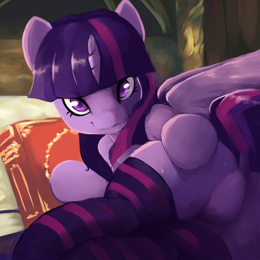 2016 book butt clothed clothing equine featureless_crotch female feral friendship_is_magic hair hi_res horn inside legwear looking_at_viewer lying mammal my_little_pony nsfwdozer smile solo striped_legwear stripes sweat twilight_sparkle_(mlp) winged_unicorn wings