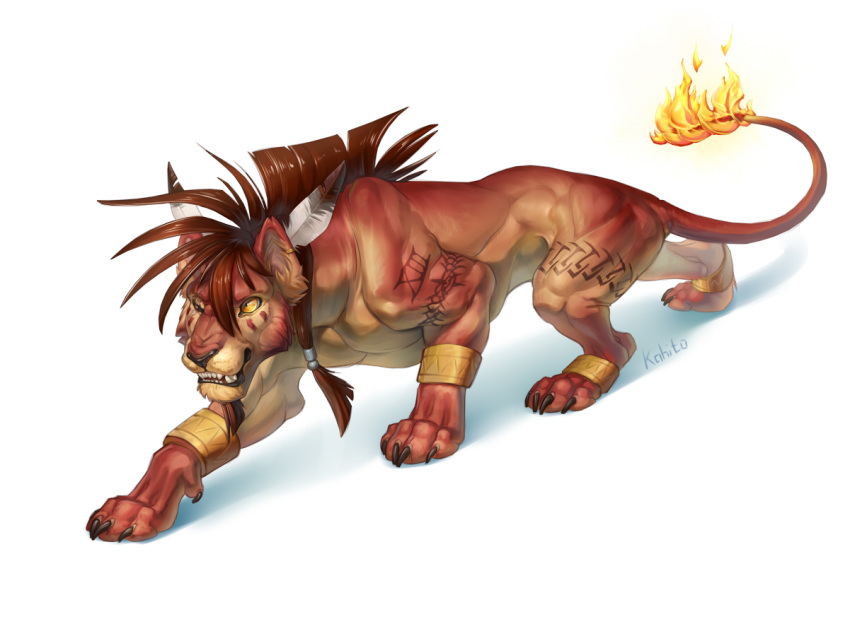 claws feather_in_hair feathers feline feral final_fantasy final_fantasy_vii fire fur kahito_slydeft_(artist) lion male mammal mohawk orange_eyes pantherine red_fur red_xiii sharp_teeth solo square_enix tail_on_fire teeth video_games